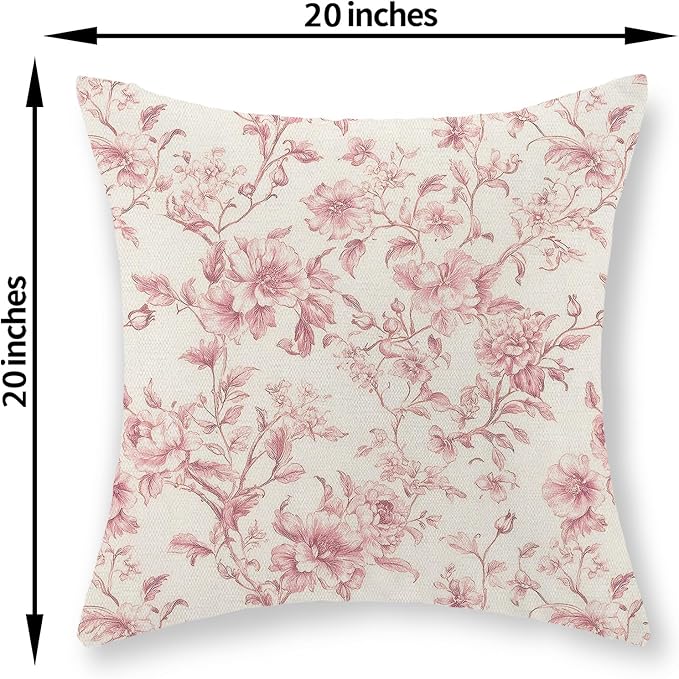 Pink Pillow Covers 20x20 Set of 2 Pink and Cream Floral Chinoiserie Throw Pillows Vintage Rustic Toile Flower Decorative Pillowcase Outdoor Chinoiserie Decor Linen Cushion Case for Couch Sofa