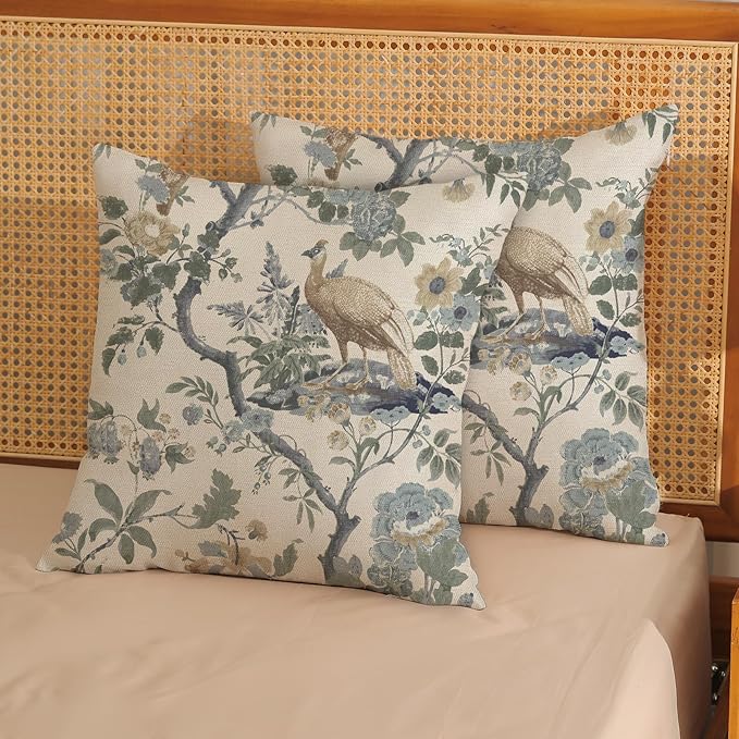 Chinoiserie Pillow Covers 18x18 Set of 2 Blue Bird Floral Throw Pillows Vintage Blue Green Flowers Decorations Outdoor Pillowcase Chinoiserie Decor Farmhouse Cushion Case for Couch Home