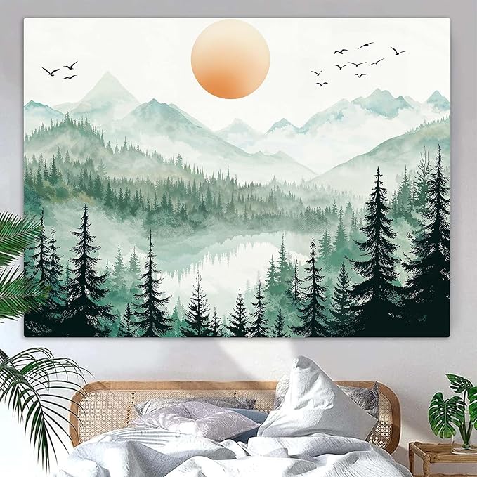 Accnicc Misty Forest Mountain Tapestry Sage Green Nature Pine Tree Wall Tapestry for Bedroom Aesthetic Watercolor Woods Lake Small Tapestries Wall Hanging for Living Room Dorm Decor 48 x 36 Inch