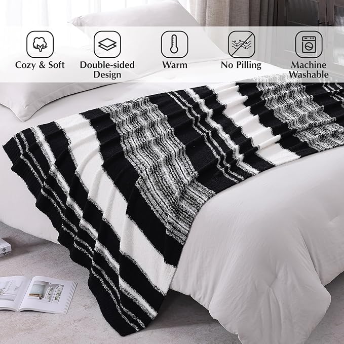 WRENGONGE Black White Throw Blanket, 50x70 Soft Cozy Striped Throw Blankets for Couch, Sofa, Bed, Travel, Lightweight Fluffy Warm Plush Decorative Blankets for Women, Men Gift