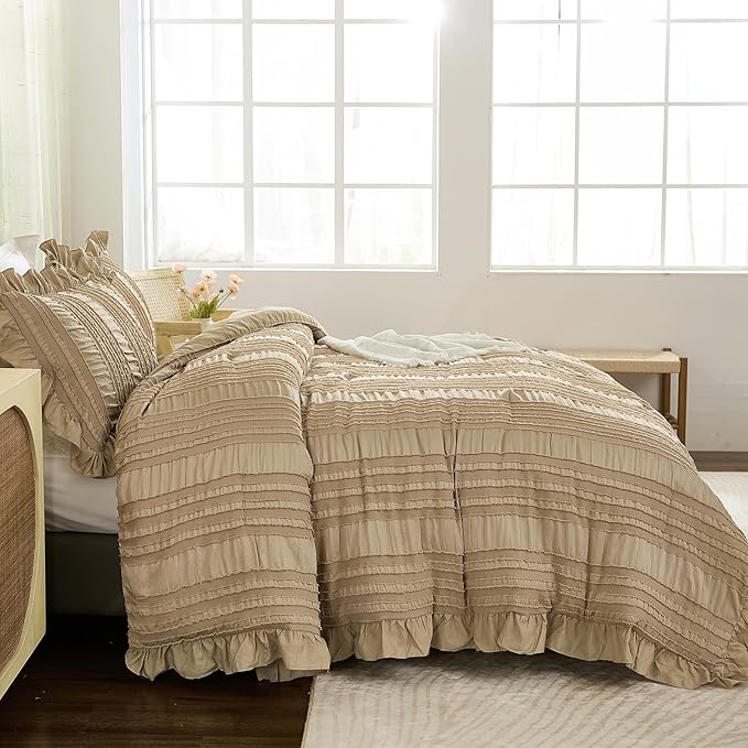 WONGS BEDDING Khaki Comforter Set Queen,3 Pieces Ruffle Farmhouse Shabby Chic Comforter for Queen Bed,Soft Seersucker Textured Boho Bedding Set with 1 Ruffle Comforter,2 Tufted Pillowcases 90"×90"