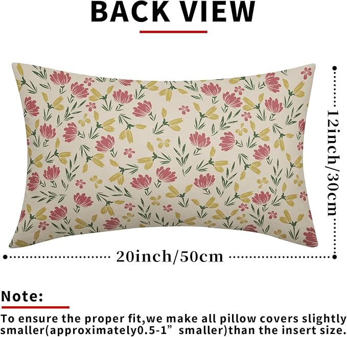 Green Pink Yellow Floral Pillow Covers 12x20 Set of 2 Vintage Rustic Old Style Cute Small Flower Print Rectangle Decorative Outdoor Pillowcases Farmhouse Throw Cushion Case Decor for Couch Sofa Bed