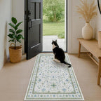 Blue and Green Washable Entryway Rugs 3x5 - Vintage Boho Floral Pastel Cream, Washable Low Pile Non Slip Small Throw Accent Area Rug for Door Mat Indoor Entrance, Kitchen, Bedroom Beside Bed Decor