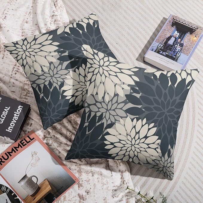 Dusty Blue Cream Grey Gray Pillow Covers 20X20 Inch Set of 2, Modern Dahlia Floral Print Decorative Throw Pillow Covers Outdoor Farmhouse Cushion Case for Home Couch Sofa Bed Decoration