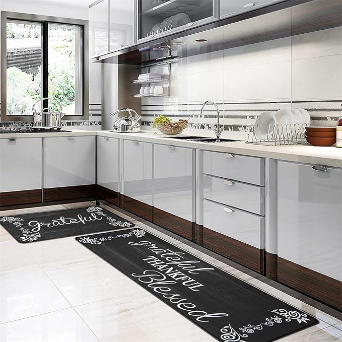 HEBE Anti Fatigue Kitchen Mat Set of 2 Non Slip Cushioned Kitchen Mats for Floor Waterproof Farmhouse Kitchen Rugs and Mats Set Comfort Standing Desk Mat Carpet for Sink,Office,Laundry