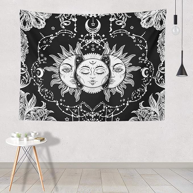 Ftuency Sun and Moon Tapestry, Black and White Tapestries Mystic Burning Sun with Star Wall Hanging decor for Bedroom(82.7" W x 59.1" L)