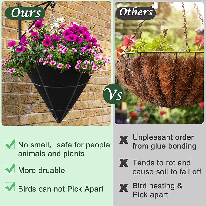 3PCS 14 Inch Cone Shaped Planter Basket Liners Fabric Hanging Plant Liners Non-Woven Planter Liners Black Felt Liners Replacement Inserts for Flower Hanging Baskets Outdoor Plants - Avoid Bird Nesting