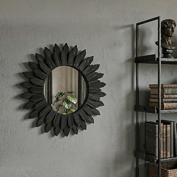 20 Inch Black Boho Wall Decor Sunburst Mirror - Round Wooden Wall Decor, Handmade Rustic Circular Mirror for Living Room, Bedroom, Entryway, Office