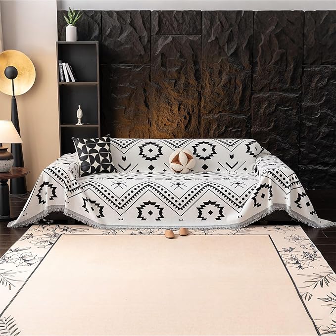 VClife Bohemian Sofa Cover Extra Large Couch Cover for 3-4 Cushion Couch Sofa, Black and White Aztec Geometric Chenille Sofa Slipcover for Home Decor 71" X 150"