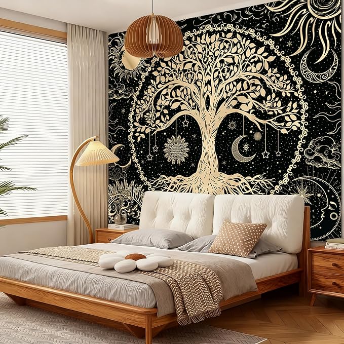 Avinyl Tree of Life Wall Tapestry for Bedroom, Sun and Moon Hippie Tapestries Aesthetic, Black and Gold Wall Hanging Home Decor for Dorm Living Room Office 60in x 79in