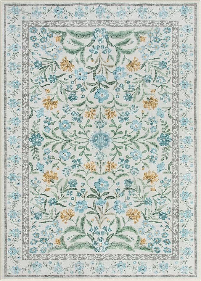 Lahome Sylvie Blue 5x7 Area Rugs for Living Room, Boho Floral Washable Girls Bedroom Rug, Soft Retro Non-Slip Kids Nursery Carpet for Playroom Apartment Decor