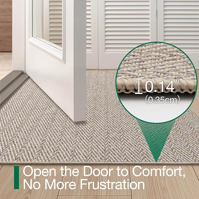 LUMI Ultra Thin Indoor Door Mat for Entrance 32"x48", Non Slip Entryway Mat, Low Profile Doormat, Unique Herringbone Design Carpet for Inside, Patio, Porch, Beige