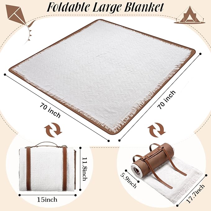 VitalCozy Waterproof Picnic Blankets Outdoor Blanket Foldable 2 in 1 Double Layer Sandproof Beach Mat with Carry Strap for Camping Lawn Park Beach Grass(White)