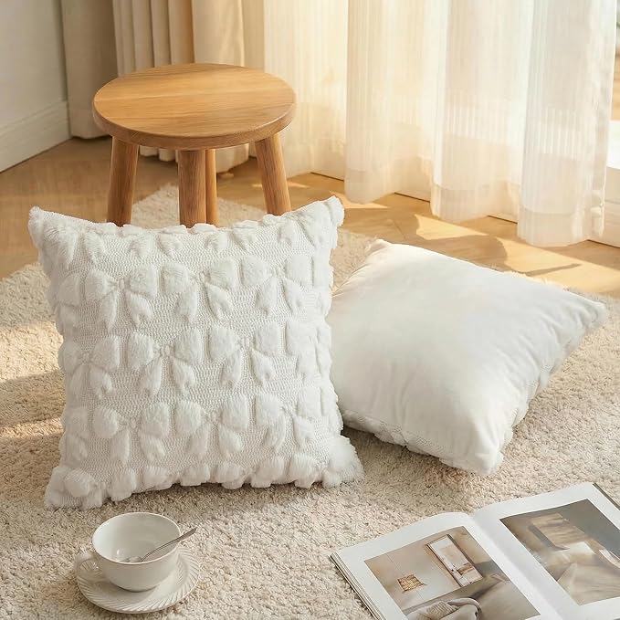 AVOIN colorlife Cream White Spring Bow Throw Pillow Covers Set of 2, 18 x 18 Inch Coquette Aesthetic Room Decor Soft Plush Faux Fur Cushion Case for Girls Room