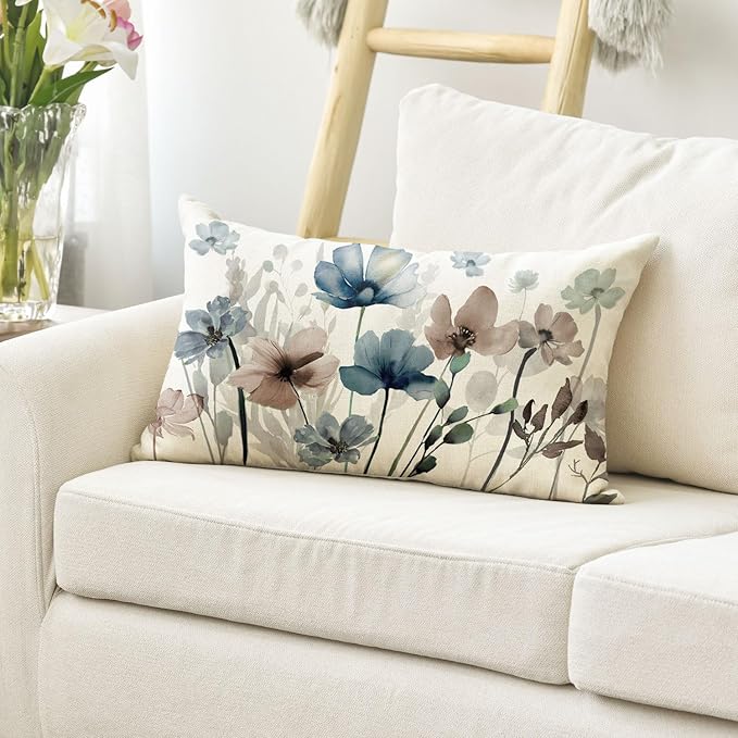 AVOIN colorlife Poppy Flowers Chinoiserie Spring Throw Pillow Cover, 12 x 20 Inch Blue Brown Seasonal Leaves Cushion Case Decoration for Sofa Couch Farmhouse