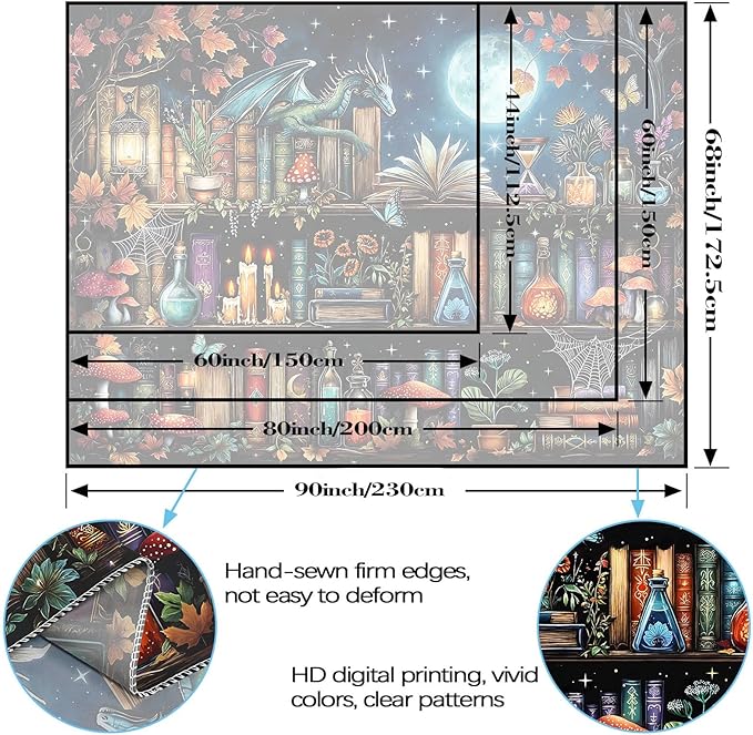 Accnicc Dragon Bookshelf Tapestry Witchy Mushroom Bookshelf Tapestries Wall Hanging Gothic Medieval Fantasy Moon Dark Academia Book Extra Large Tapestry for Bedroom Living Room Dorm 90 x 68 inch