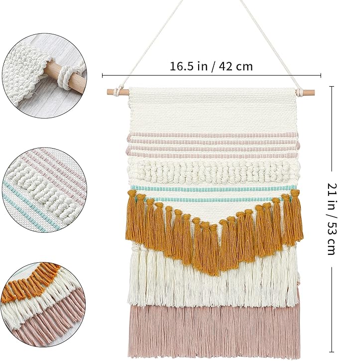 LOMOHOO Macrame Wall Hanging Woven Tapestry with Tassel Tufted Colorful Geometry Tapestries Blue Yellow Pink Bohemian Art Boho Chic Decor Bedroom Apartment Home Decoration(Pink and Yellow)