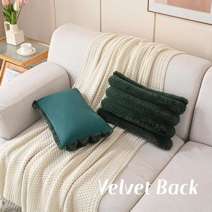 FUTEI Dark Green Decorative Throw Pillow Covers 12x20 Inch Set of 2, Square Soft Faux Rabbit Fur Thick Striped Lumbar Pillow Case,Spring Home Decor for Couch Bed Living Room