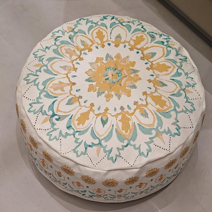 MOCOFO Round Bohemian Ottoman Pouf Cover, 18 Inch, Cotton Blend, Church Window Print, Living Room Storage Footrest, Cover Only (Light Tie-dye Cyan)
