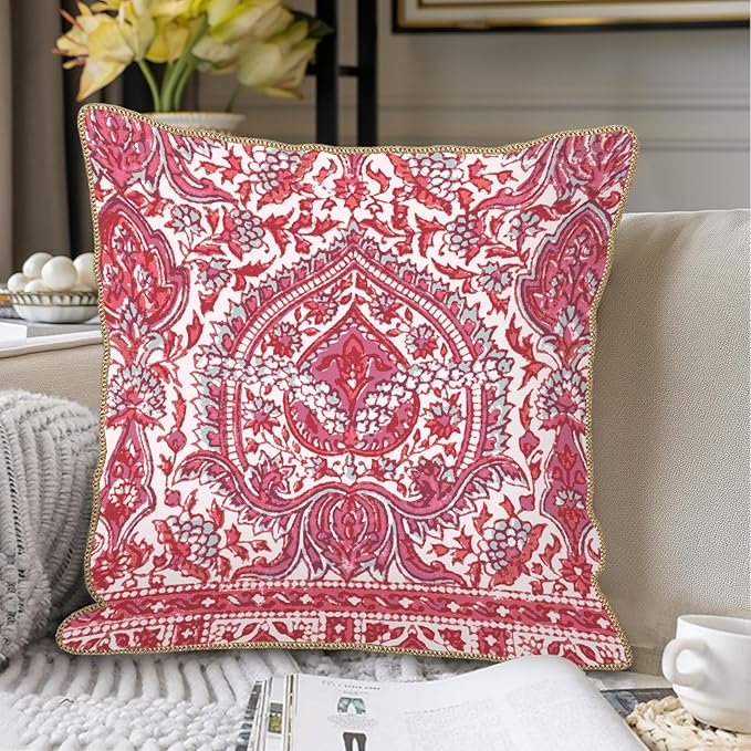 KSLIDS Pink Teal Flower Soft Velvet Throw Pillow Covers Set of 2 Boho Ethnic Red Foral Decorative Pillow Covers 20x20 Inch Bohemian Farmhouse Pillow Case for Sofa Couch Living Room Home Decor