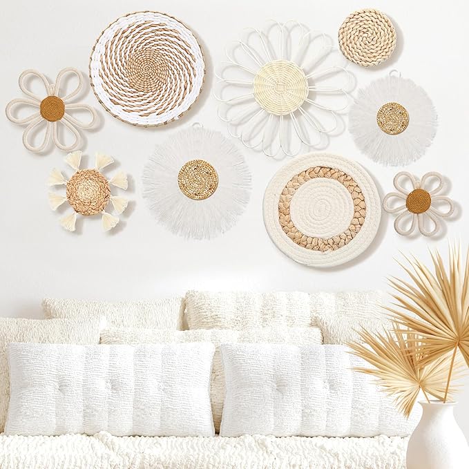 Chunful 9 Pcs Boho Nursery Wall Decor Daisy Flower Woven Macrame Seagrass Rattan Basket Wall Hanging Bohemian Decorations Gifts for Home Dorm Art Farmhouse Bedrooms Living Room(White)