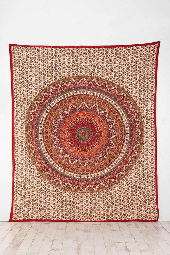 Popular Handicrafts Wall Hanging Tapestry for Bedroom Hippie Mandala Bohemian Psychedelic Intricate Floral Design Tapestries Bedspread 84 x 90 Inches (215cm x 230cm) Red Yellow