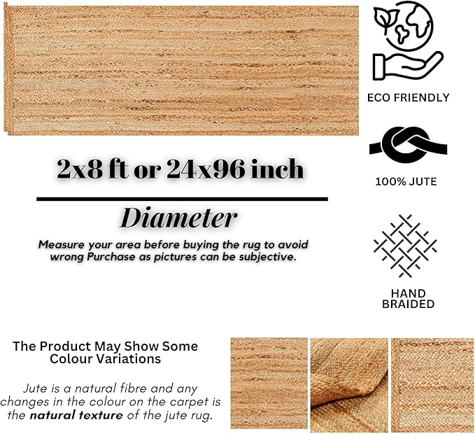 Hand Woven Jute Area Rug - 2' x 8' Feet - Rustic Beige Reversible Rectangular Rugs for Bedroom, Kitchen, Living Room - Vintage Natural Braided Entry Floor Décor Boho Jute Rug 24 X96 Inches