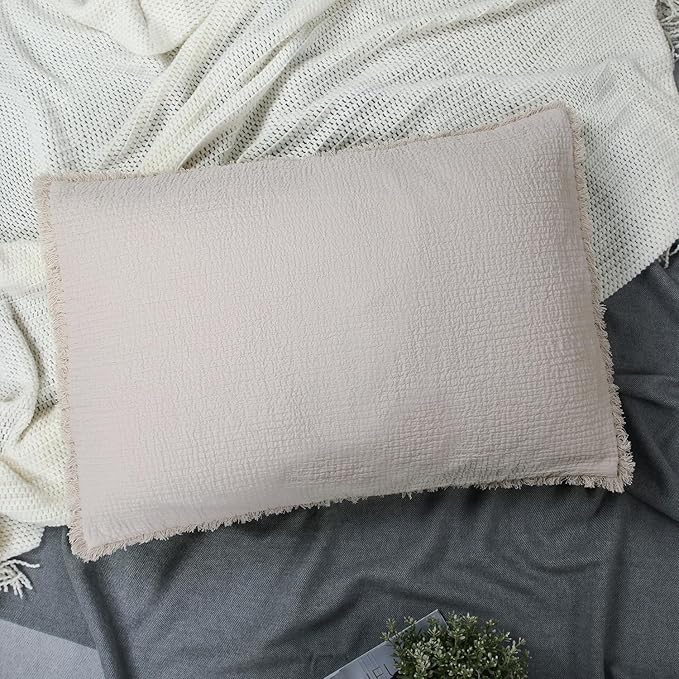 YINFUNG Quilted Pillow Shams Natural Beige Linen Standard Set of 2 Muslin Cotton Farmhouse Neutral Oatmeal Tassel Fringe Pillowcases Matelasse Boho Decorative Textured Gauze Soft 20×26 Light Brown