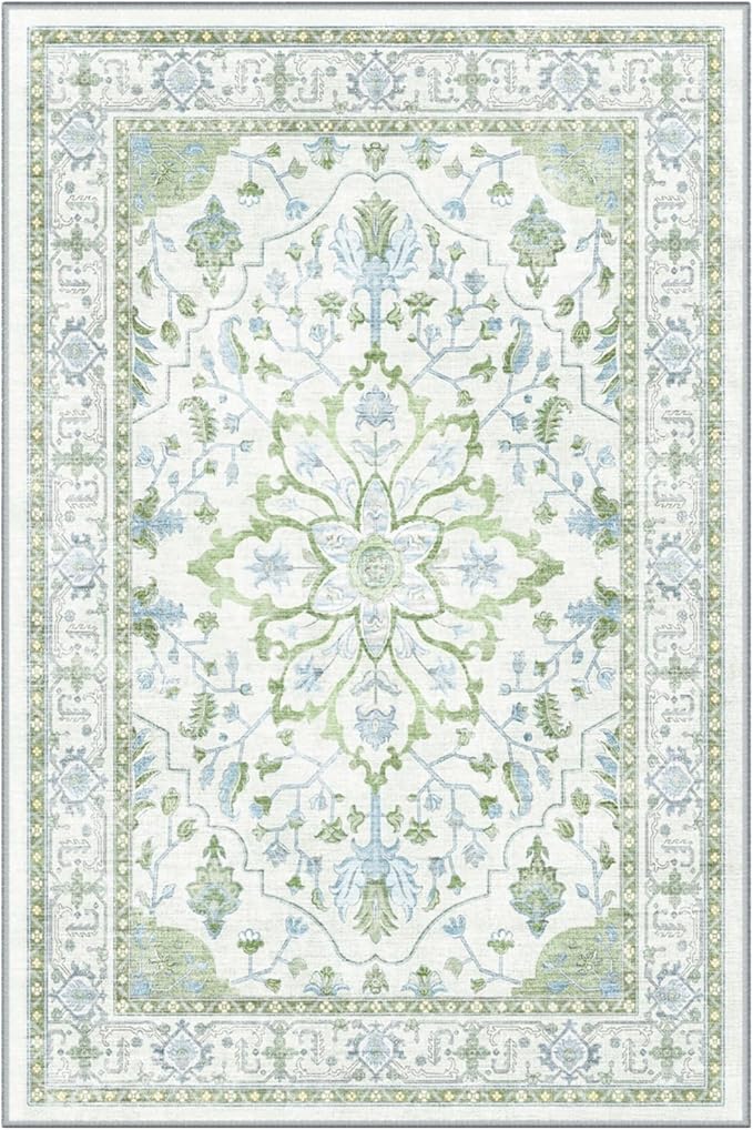 Area Rugs Round 8ft Washable Non-Slip, Floral Vintage Distress Print Pattern Medallion Carpet for Living Room Bedroom Dining Room, Green White Blue