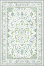 Area Rugs Round 6ft Washable Non-Slip, Floral Vintage Distress Print Pattern Medallion Carpet for Living Room Bedroom Dining Room, Green White Blue