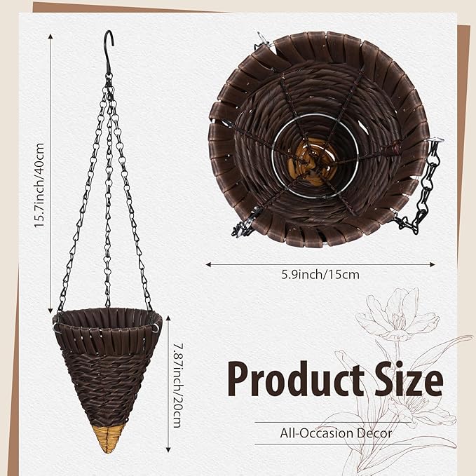 2 Pcs Hanging Plant Flower Basket for Outdoor Spring Decoration, 7.87 Inches Black Iron Chain Wicker Woven Conical Artificial Flower Hanging Basket, Plants Not Included (Coffee)