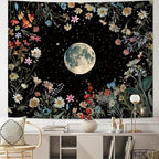 Apdidl Moon Floral Ceiling Tapestry for Bedroom Decor, Boho Flower Plant Garden Aesthetic Tapestries Wall Hanging, Black Nature Butterfly Wall Covering for Dorm Living Room (51"X60")