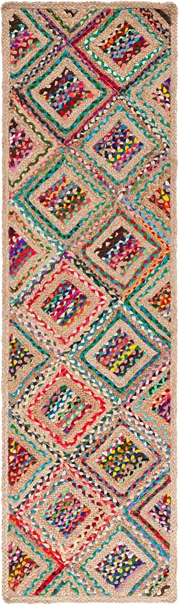 SAFAVIEH Cape Cod Collection Runner Rug - 2'3" x 8', Natural & Red, Handmade Flat Weave Diamond Braided Jute & Denim, Ideal for High Traffic Areas in Living Room, Bedroom (CAP354B)