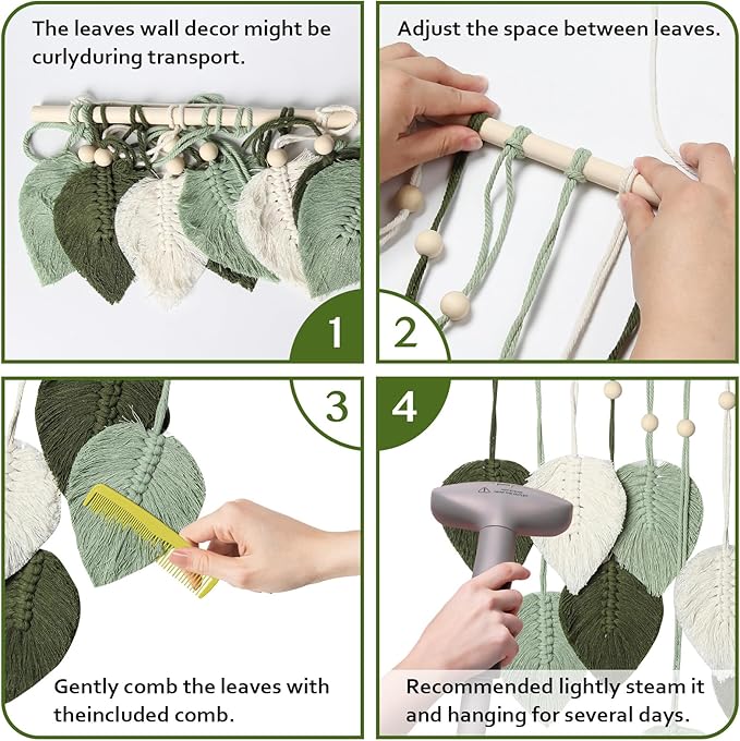 MIPON Macrame Wall Hanging Leaves Decor,Boho Handmade Woven Leaf Tassels Tapestry Gift Ideas for Nursery, Bedroom, Living Room, 15.7 X 28 Inch(Green)