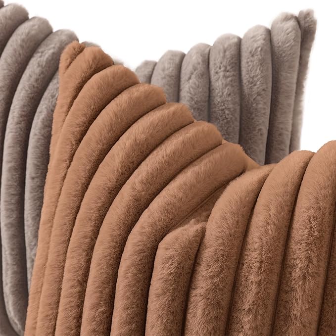 decorUhome Cozy Faux Fur Throw Pillow Covers 18x18 Set of 2 Decorative Soft Plush Striped Modern Farmhouse Boho Couch Pillow Cases with Velvet Back for Sofa Bed Living Room, Brown