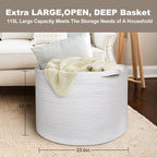 115L White Cotton Rope Storage Basket, 23.6"x15.7" Extra Large Blanket Storage Living Room, XXXL Soft Toy Bin for Organizing, Woven Baby Laundry Basket with Handle, Wicker Hamper Nursery