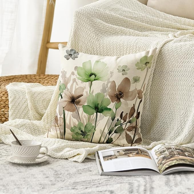 AVOIN colorlife Poppy Flowers Chinoiserie Spring Throw Pillow Cover, 18 x 18 Inch Sage Green Brown Seasonal Leaves Cushion Case Decoration for Sofa Couch Farmhouse