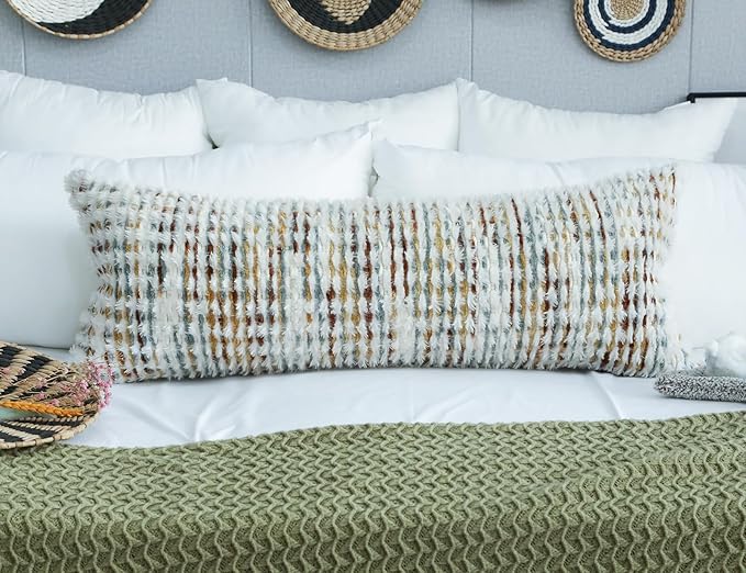 PANOD Coastal Decorative Lumbar Pillow Cover 14 x 36 Inch, Boho Long Pillow for Bed, Colorful Neutral Accent Farmhouse Long Body Pillow for Couch Sofa Bedroom Livingroom