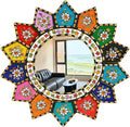 Sunflower Mirror - Vibrant 16-Petal Boho Circle Wall Decor, Small Decorative Floral Mirror Art for Living Room, Wood & Acrylic Mirror（2D Printed）
