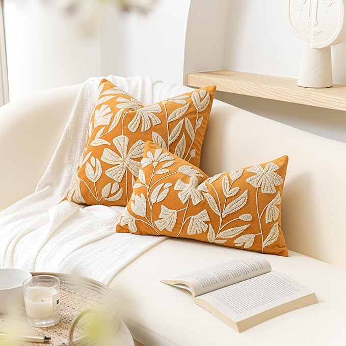BlissBlush 20x20 Throw Pillow Cover, Mustard Yellow Square Decorative Cushion Cover for Couch Sofa, Floral Tufted Embroidered Velvet Farmhouse Accent Pillowcase (Cover Only)