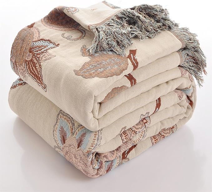 Boho Cotton Throw Blanket 60×80 Inch – Soft Breathable Muslin Throw for Couch, Sofa & Bed, Lightweight Farmhouse Decorative Blanket