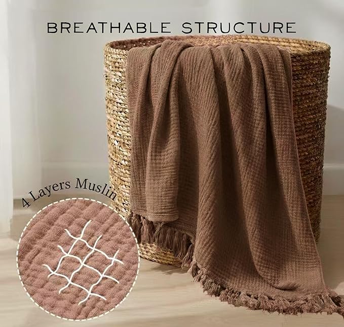 KyraHome 100% Cotton Throw Blankets, 90“x90” Queen, Organic Cotton Blanket, Plant Dyed, Breathable Lightweight Muslin Blankets for Adult, Kids, Bed, Couch, All Season, (Brown)