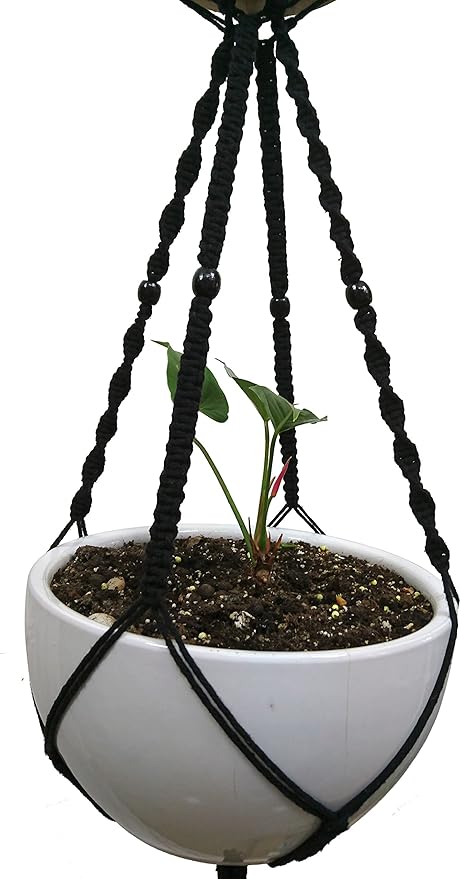 Macrame Plant Hanger & Holder, Hanging Planter 4 Legs Double Deck for 8 inch to 10 inch Two Pots Indoor Outdoor Hanging Planter Cotton Rope 67 Inch with Metal Ring (Cotton-Black)