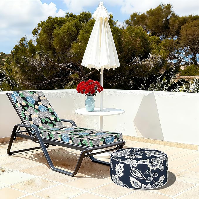 Indoor/Outdoor Inflatable Ottoman with Handle, Decorative Fade-Resistant Round Footstool D21 x H9 inch, Portable Ottoman Pouf for Patio Garden Camping, Elegant Vines Navy
