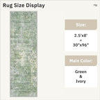 Washable Runner Rug, 2'6" x 8' Non-Slip Kitchen Vintage Foldable 2.5x8ft Hallway Runners for Entryway, Laundry, Bedroom, Green/Ivory