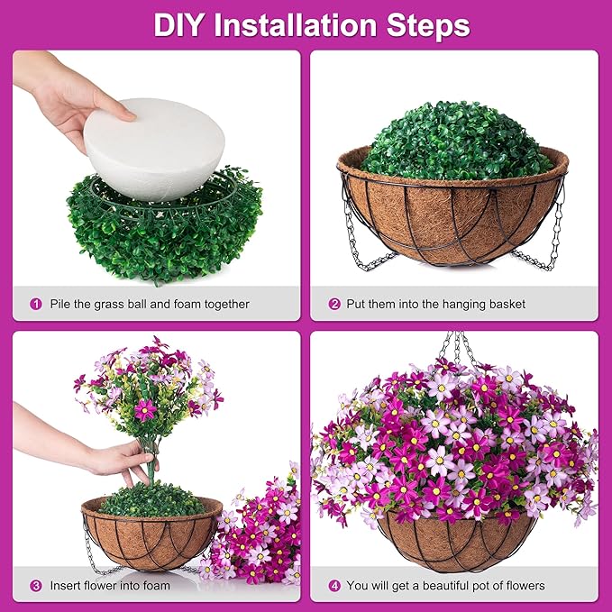 Artificial Flowers with Hanging Planter for Outdoor Decor, Faux Silk Daisy UV Resistant Plants in Basket for Indoor Porch Garden Yard Spring Summer Decor(Violet)