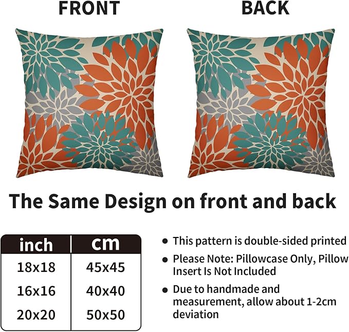 Teal Orange Gray Grey Pillow Covers 20X20 Inch Set of 2, Spring Modern Geometry Dahlia Floral Print Decorative Throw Pillow Covers Outdoor Farmhouse Cushion Case for Couch Sofa Bed Decor