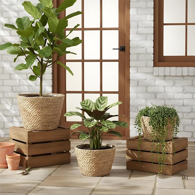 simarro 3 Pack Seagrass Planter Basket, 3 Sizes Stylish Plant Containers Flower Pots with Plastic Lining Woven Baskets for Plants Indoor and Outdoor