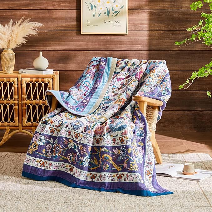 Boho Blanket Soft Muslin Boho Throw Blanket 100% Cotton Blanket All Seasons Reversible Rustic Floral Printed Vintage Rustic Farmhouse Decor Throw for Sofa Couch Chair (White, 50"x60")