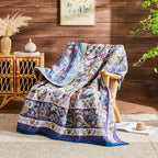 Boho Blanket Soft Muslin Boho Throw Blanket 100% Cotton Blanket All Seasons Reversible Rustic Floral Printed Vintage Rustic Farmhouse Decor Throw for Sofa Couch Chair (White, 90"x98")